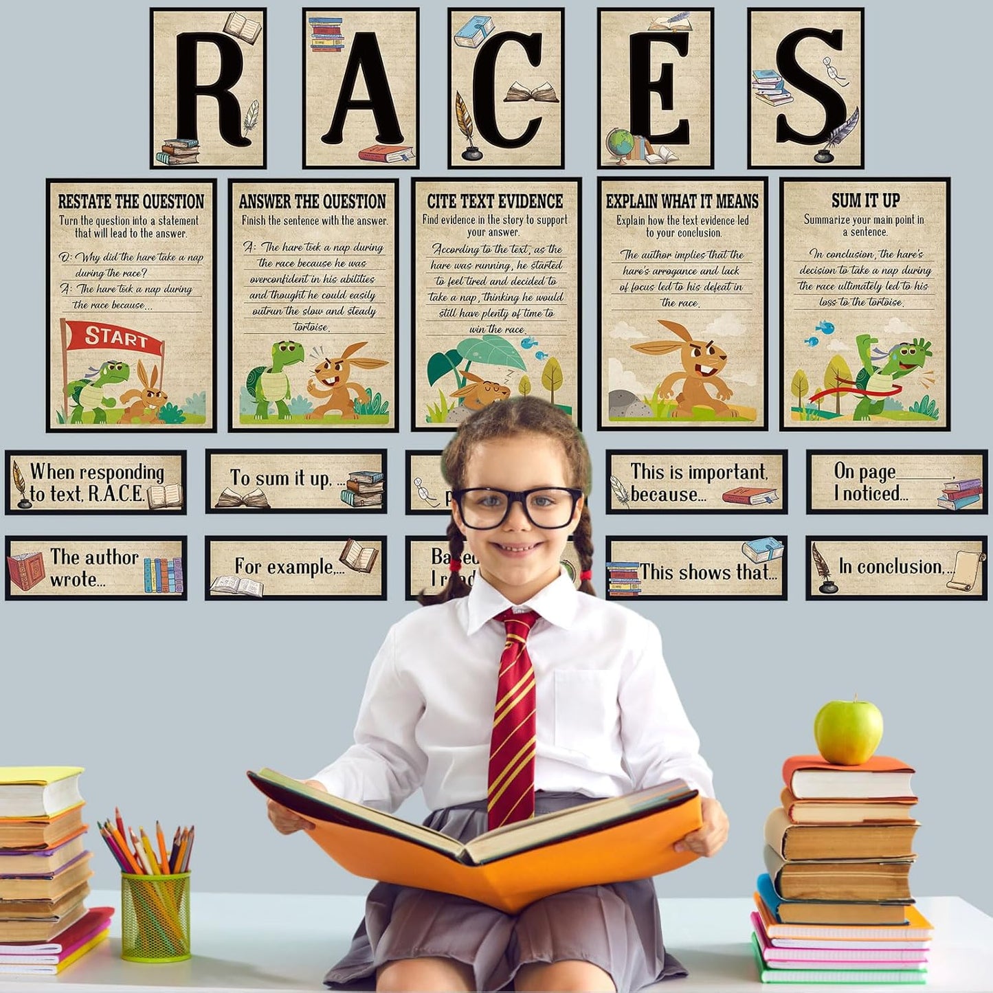 Outus 36 Pcs RACES Writing Strategy Bulletin Board Set, Alphabet Cutout Poster Sentence Starters Cards for Elementary School Classroom, Writing Display Wall Decoration Teacher Supply(Greenery)