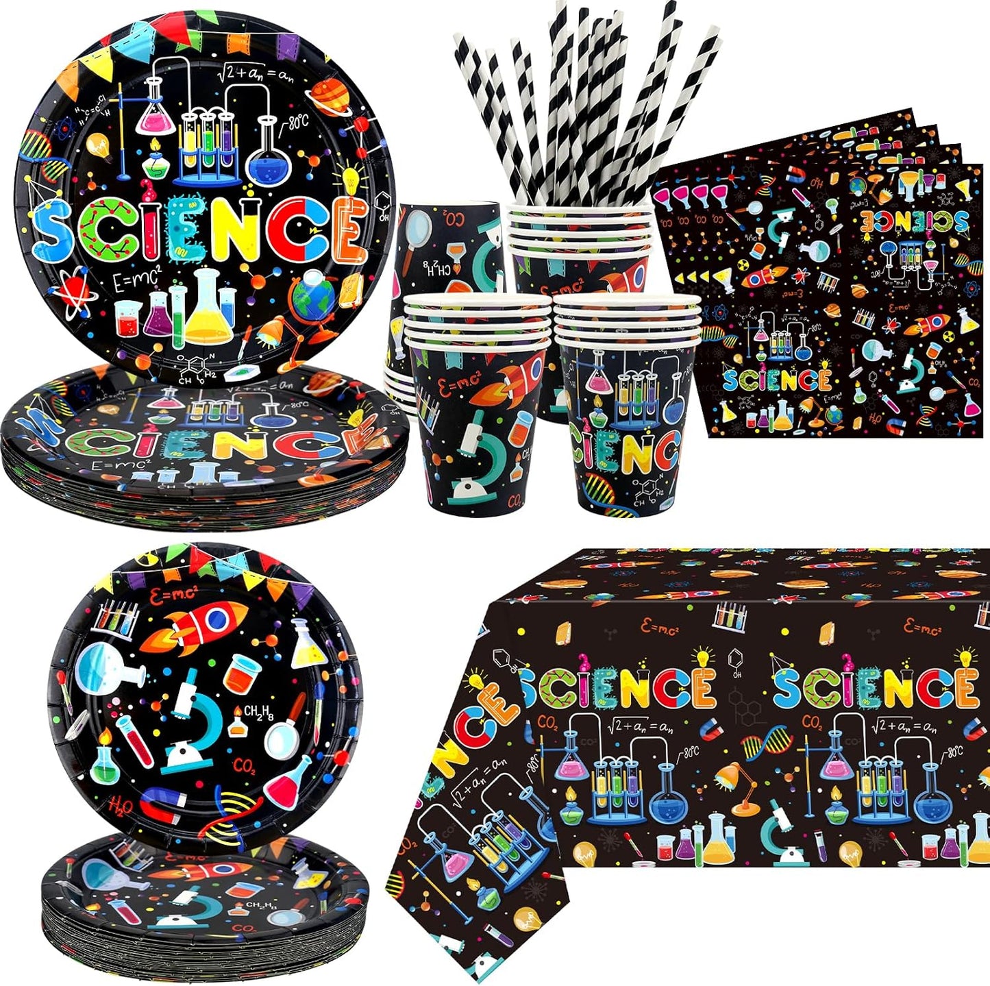 Science Party Supplies, Includes Plates, Tablecloth, Cups, Straws, for Boy Girl Scientist Lab Decoration Serves 20 Guests