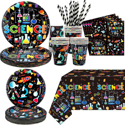 Science Party Supplies, Includes Plates, Tablecloth, Cups, Straws, for Boy Girl Scientist Lab Decoration Serves 20 Guests