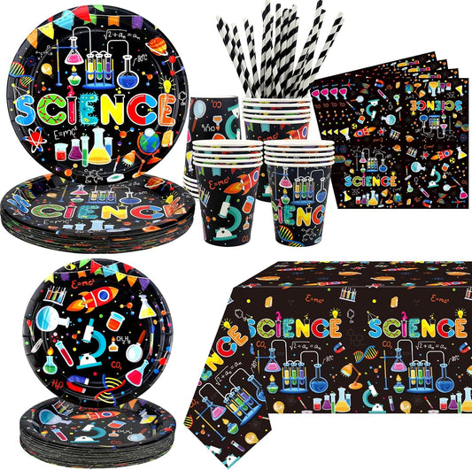 Science Party Supplies, Includes Plates, Tablecloth, Cups, Straws, for Boy Girl Scientist Lab Decoration Serves 20 Guests