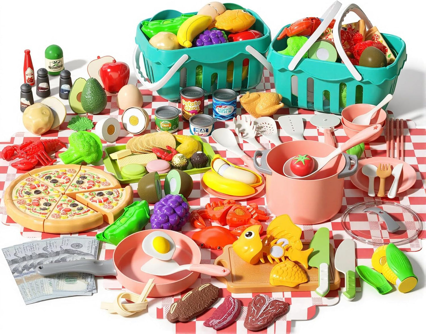 150Pcs Kitchen Playset, Toddlers Pretend Cooking Cookware Accessories, Food, Picnic Blanket, Fruits, Veges, 2Pack Shopping Storage Basket, Dessert and Prop Money, Gift for Kids (Pink)