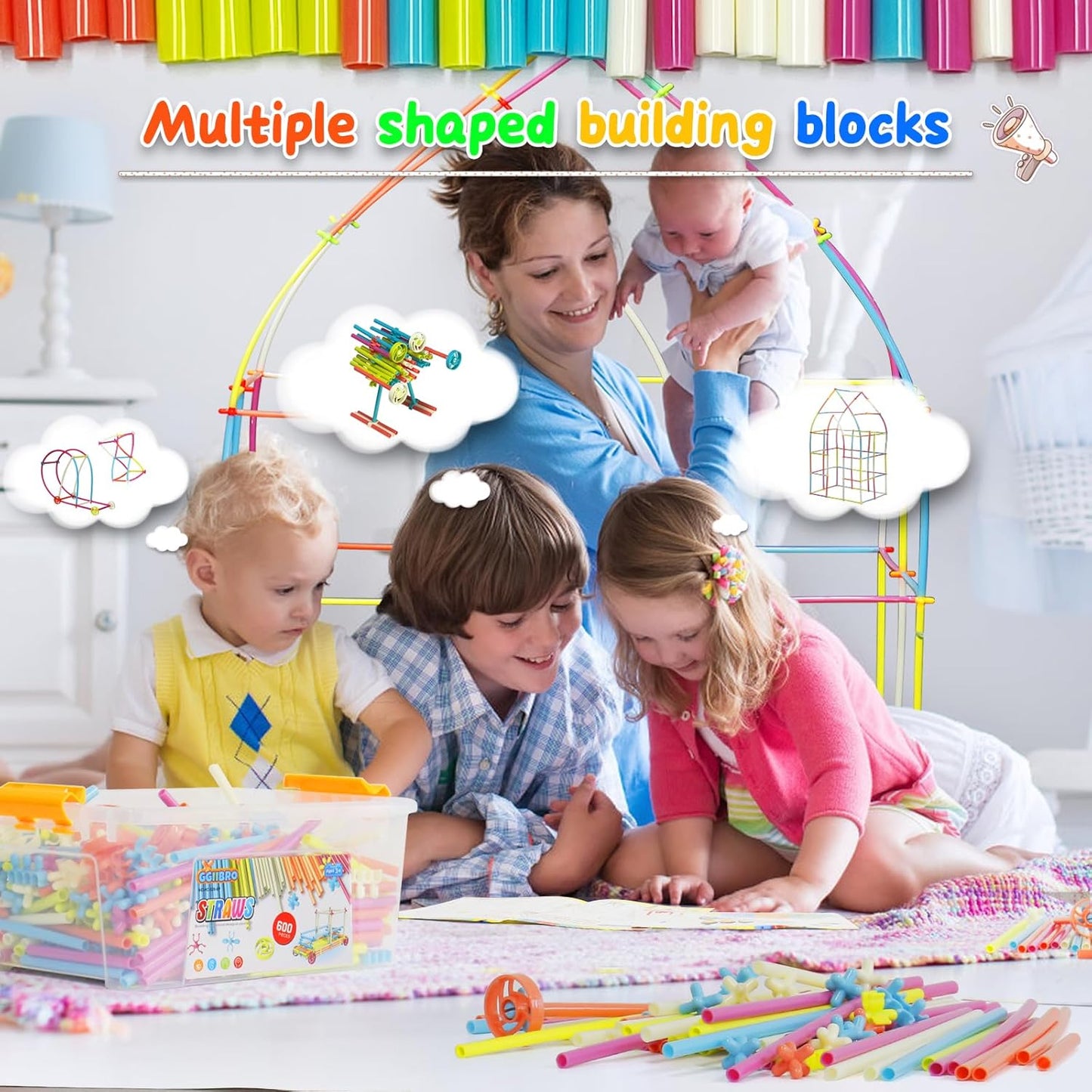 Ggiibro Straw Constructor Toys 600Pcs STEM Building Toy Interlocking Plastic Engineering Thin Tube Blocks Educational Kit for 3 4 5 6 7years Kids Boys and Girls Gift Preschool Toy with Storage Box