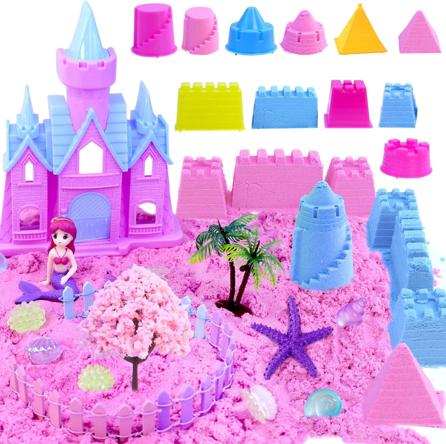 Mermaid Sensory Bin,Play Sand Art Sand Play Set Fine Motor Skills Montessori Sand Toys with 2.2 lbs Sand & Castle Molds & Sand Shovel Tools,Ocean Theme Educational Toys for Aged 3-8 Girls