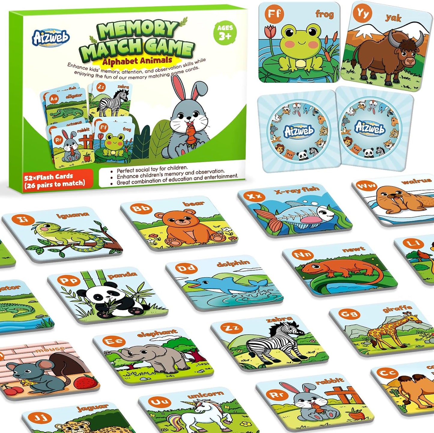 Aizweb CVC Word Match Game - 60 Pc Toddler Card Games for Kids Ages 3-6, Phonics Flash Cards for Preschool & Kindergarten Learning Activities, Educational Toys for Home School Supplies