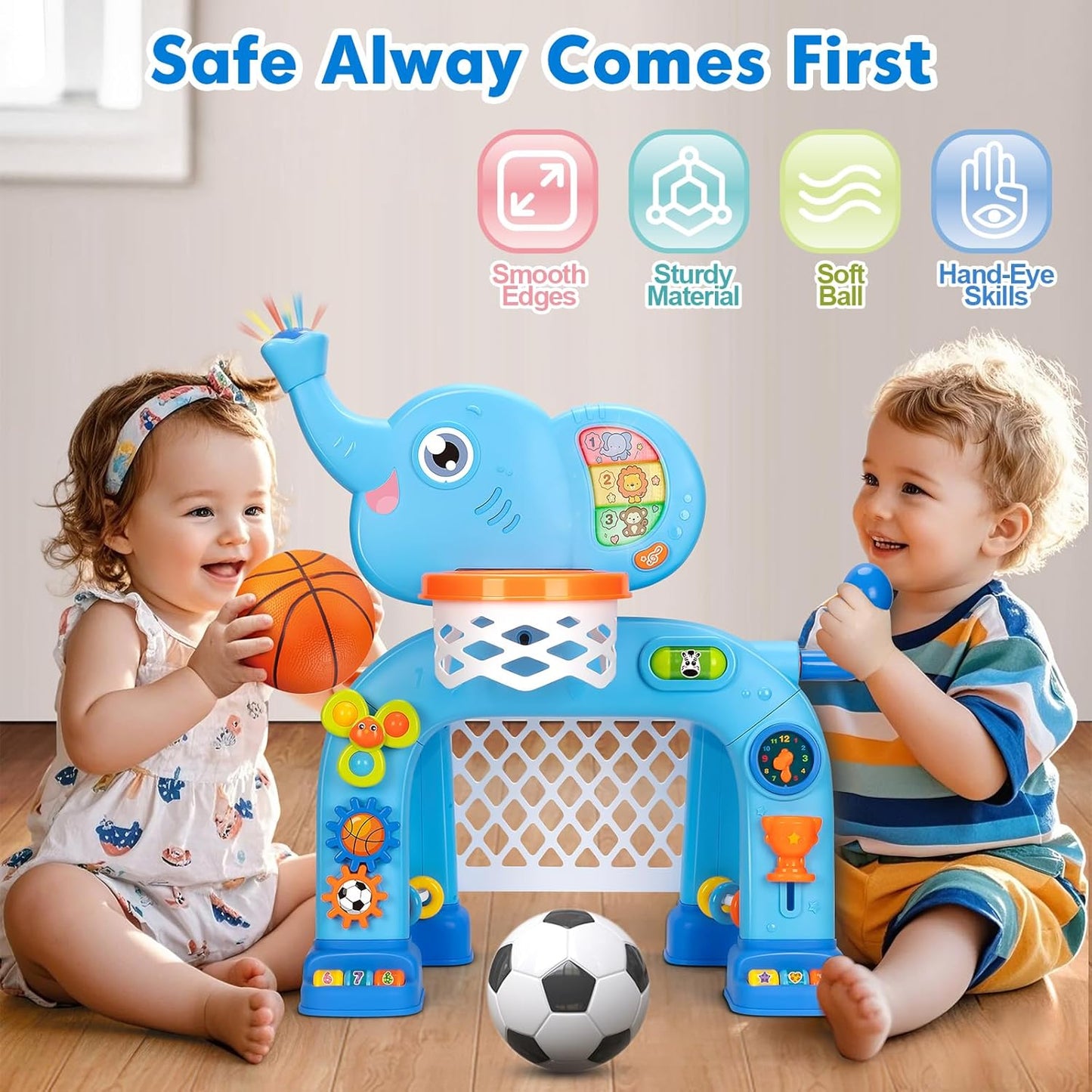 Toddler Basketball Hoop & Soccer Goal, Toys for 1 2 3 Year Old Boys Girls, Kids Sports Toy with Light Sound Music, Montessori Toys for Baby 12-18 Months, Christmas Birthday Gifts for Ages 1-3(Pink）
