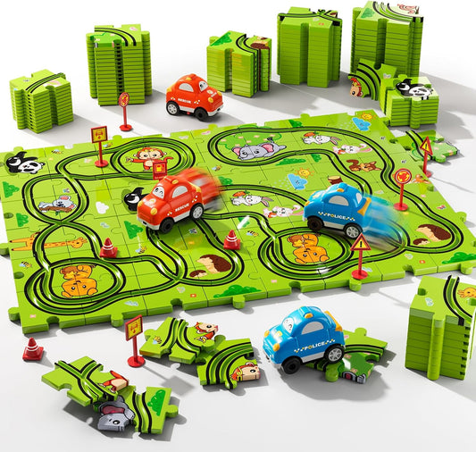 Beby Buty 64PCS Puzzle Track Car Set Toys for Kids Boys, Toddler Toys Gifts for 3 4 5 Year Old, Floor Puzzle Tracks Car for Boys Ages 3-5 4-6, for 3 4 5 6 Year Old