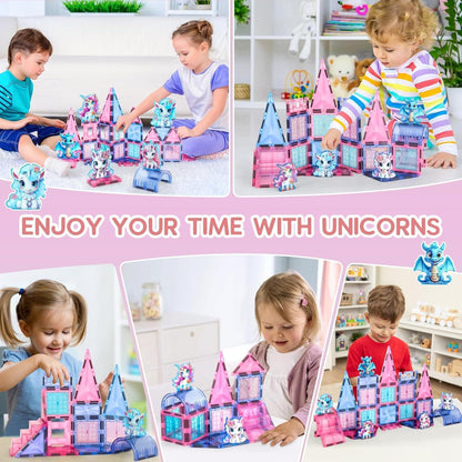 Unicorn Magnetic Tiles 49pcs – Magical Unicorn Toys for Girls Aged 4-8, Magnetic Building Blocks, STEM Construction Toy with 4 Unicorn Dolls and Dragon, Diamond 3D Educational Gift for Girls & Boys