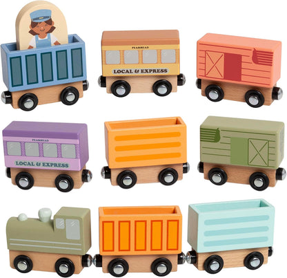 Pearhead Wooden Train Set for Toddlers – 10-Piece Magnetic Train Cars, FSC-Certified Wood, Montessori STEM Toy, Develops Fine Motor Skills, Compatible with Major Brands, Boys and Girls, Ages 2 3 4