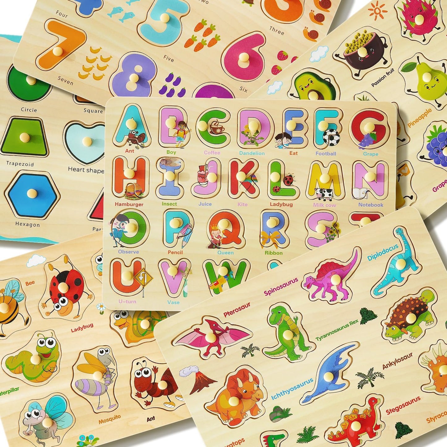 MerryPony Wooden Peg Puzzle for Toddlers 2 3 4 Years Old, 6 Pcs Montessori Toddler Puzzle - Alphabet, Shape, Number, Fruit, Dinosaur and Insect Puzzles, Baby Puzzle, Learning & Education Toys for Kids
