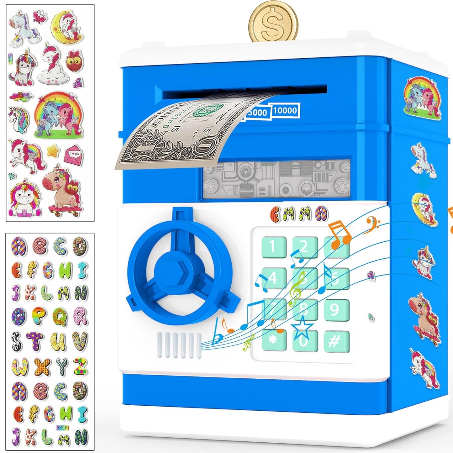 JUNEU Unicorn Piggy Bank for Kids, Gifts for 5 6 7 8 9 10 Year Old Girls, Kids Electronic Piggy Bank, Girls Birthday Gifts, Educational Toys for Girl Boys, Kid Money Saving Box, Mini ATM Coin Bank