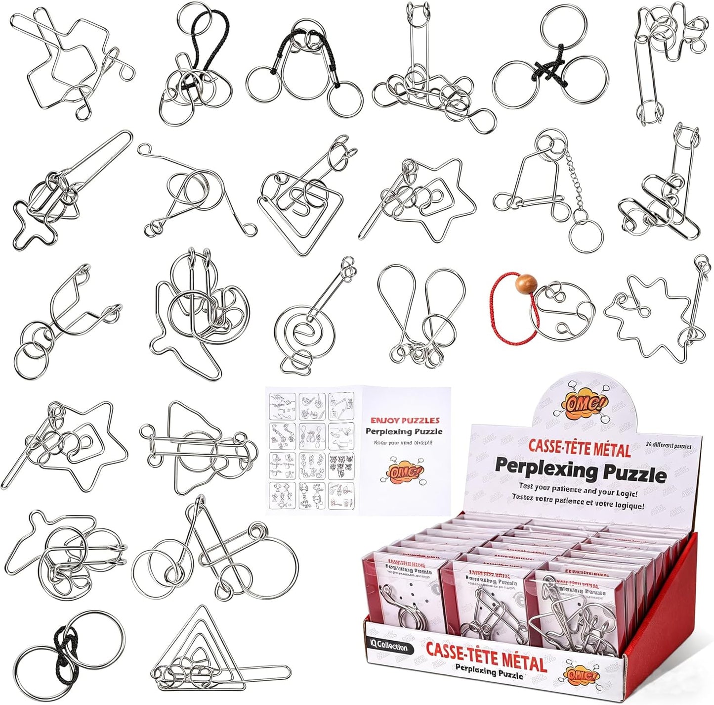 Metal Puzzles Brain Teaser, 24pcs Metal Wire Puzzles for Adults Kids Teenagers, Classical Mini Mind Ring Puzzle Set, Educational IQ Unlock Interlocking Toy Lock Puzzle Gift Set