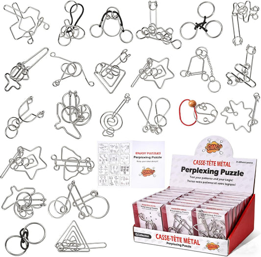Metal Puzzles Brain Teaser, 24pcs Metal Wire Puzzles for Adults Kids Teenagers, Classical Mini Mind Ring Puzzle Set, Educational IQ Unlock Interlocking Toy Lock Puzzle Gift Set