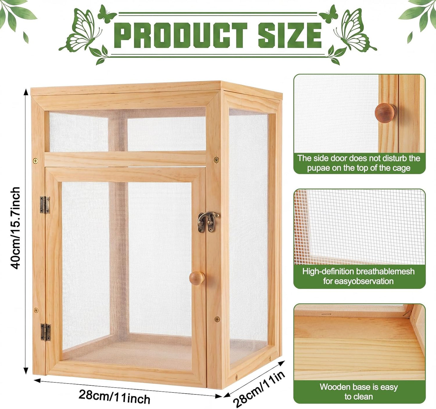 Bucherry Wooden Butterfly Habitat Cage Kit 15.7 Inch Monarch Caterpillar Enclosure with Mesh Tent & Wood Frame, Detachable Insect Observation House for Kids Outdoor Garden