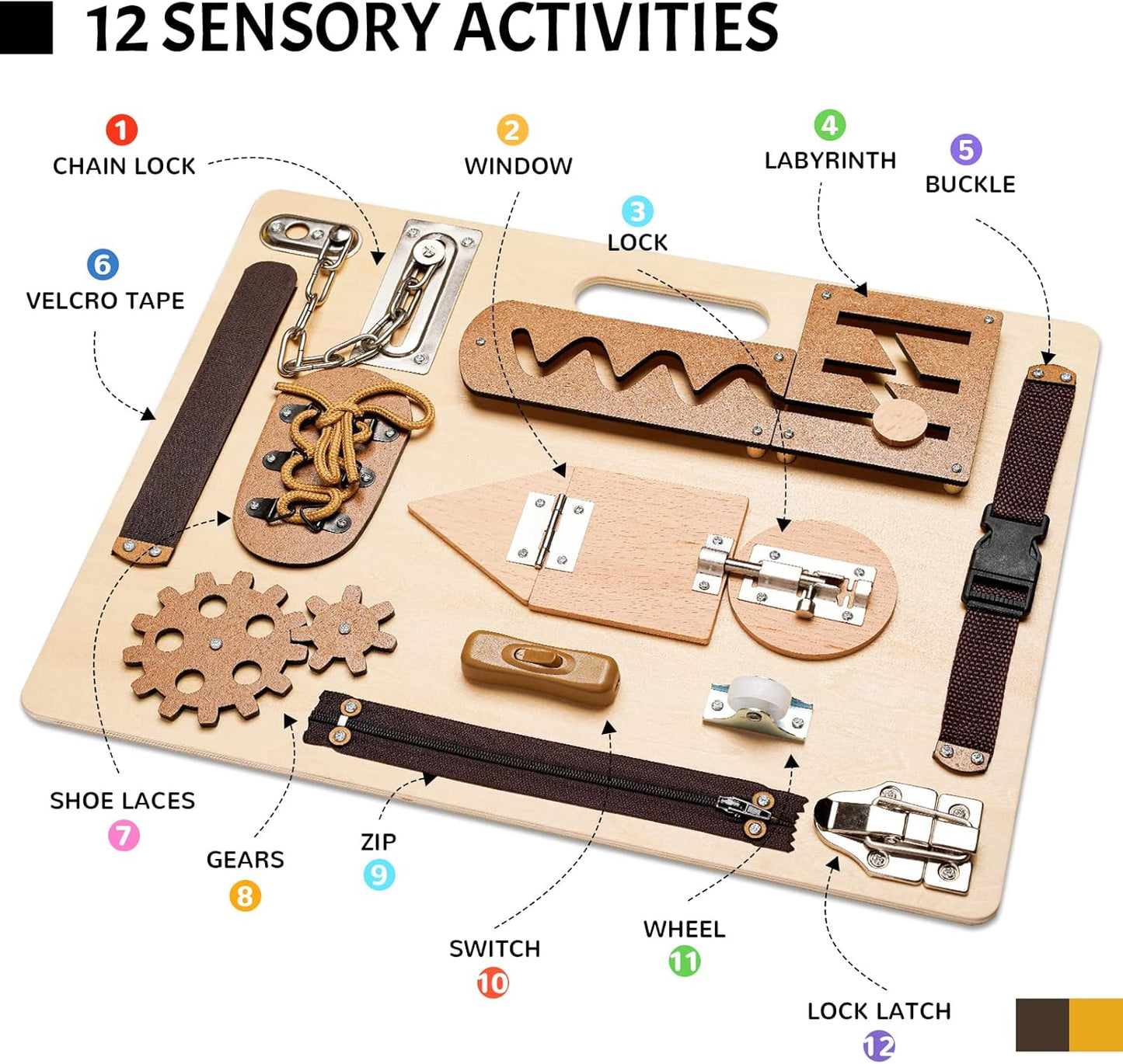 Montessori Busy Board for Toddlers, Wooden Sensory Toys, Preschool Learning Activities for Fine Motor Skills Travel Toy, Basic Life Skills Educational Gifts for 1 2 3 Years Old Kids Boys Girls