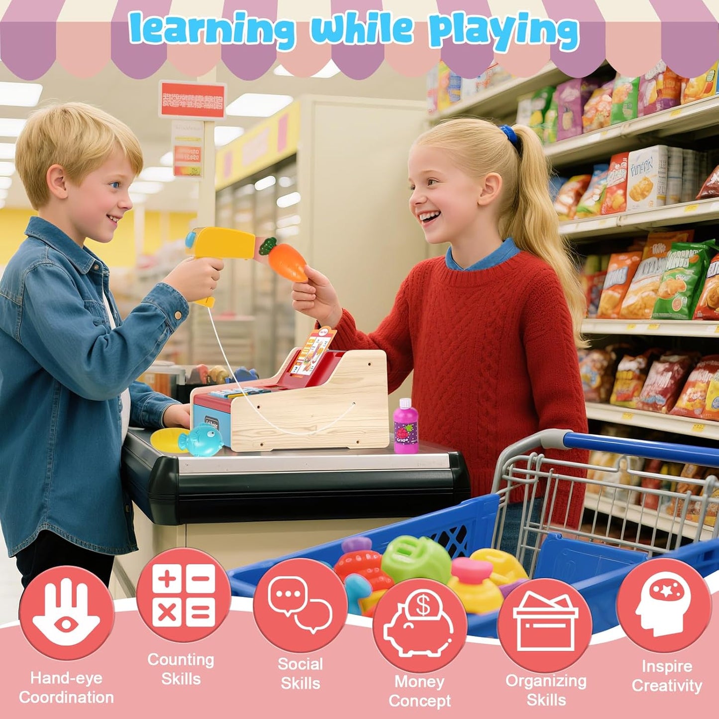Kids Cash Register Toy Playset, Toddler Prentend Play Store with Real Calculator Cash Register with Scanner/Credit Card/Play Money/Food, Learning Toys for Boys Girls Toddlers(Pink)