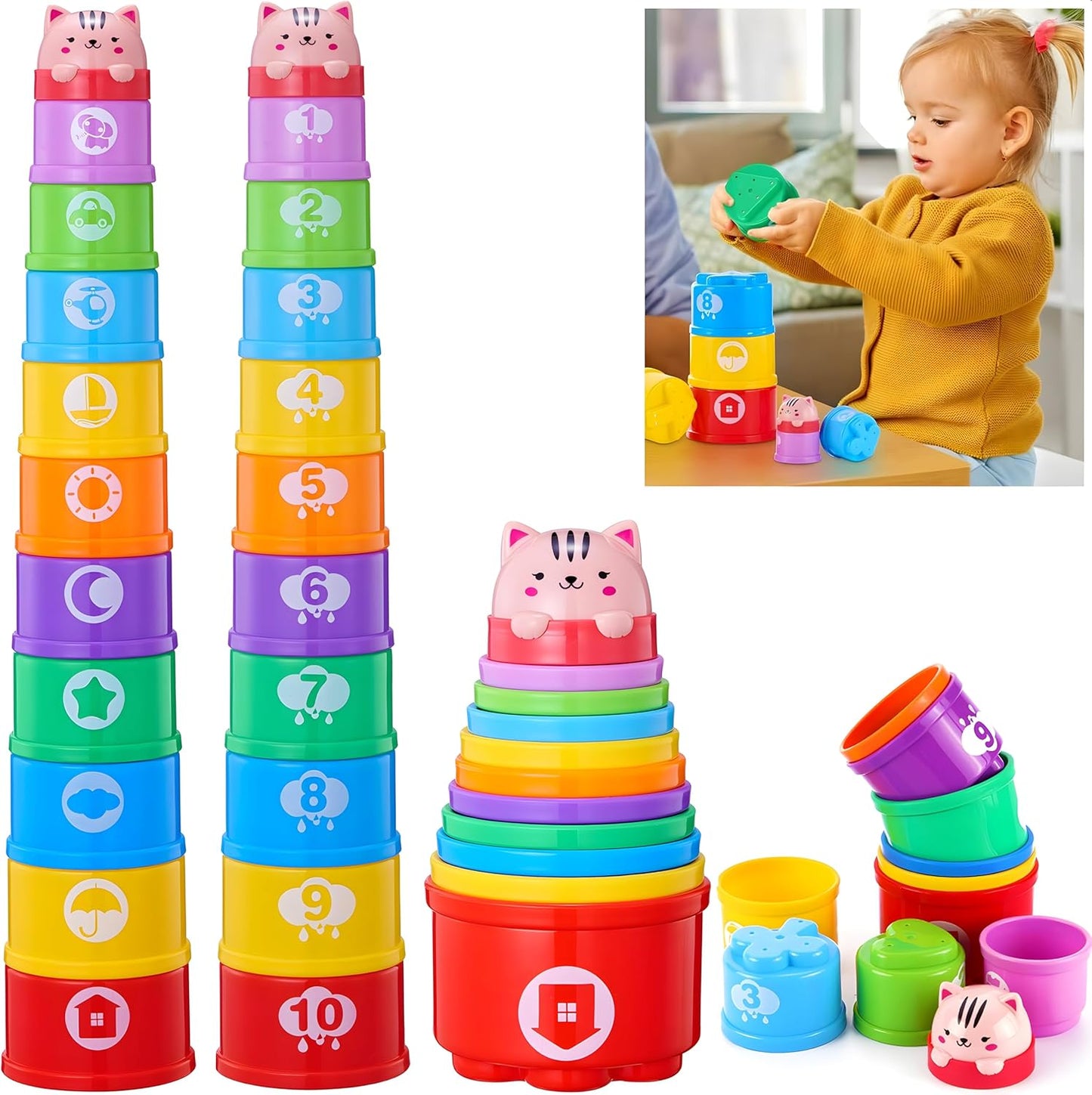 Bunny Baby Stacking Cups for Toddlers 1-3, Stacking Toys Plastic Stackable Cups for Babies 6-12 12-18 Months Toddler Toys 1-2 Nesting Color Learning Montessori Toy Gift for 1 Year Old Boy Girl