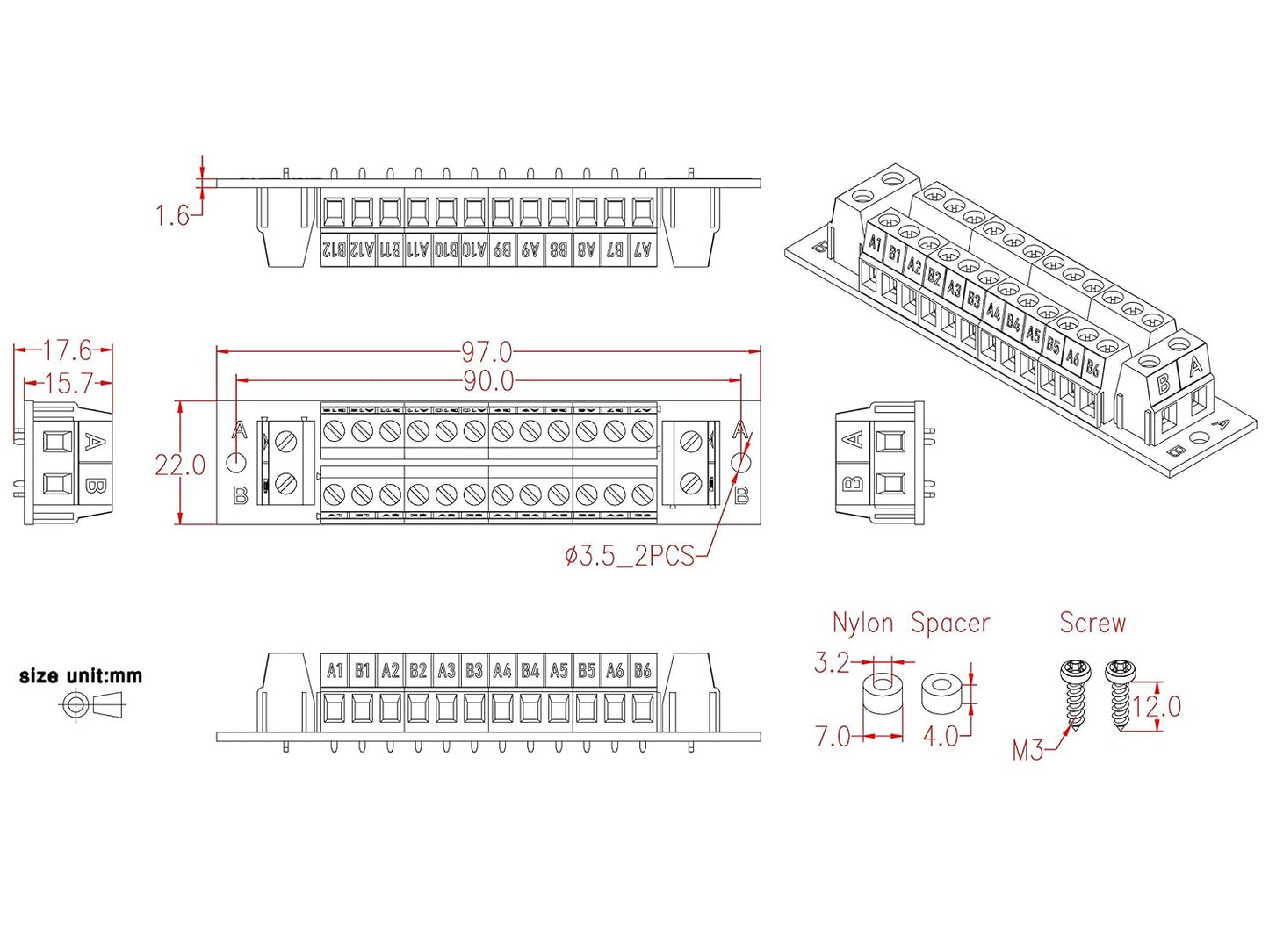 30Amp 300V 1x10 Position Terminal Block Distribution Module. OONO D-1661GP