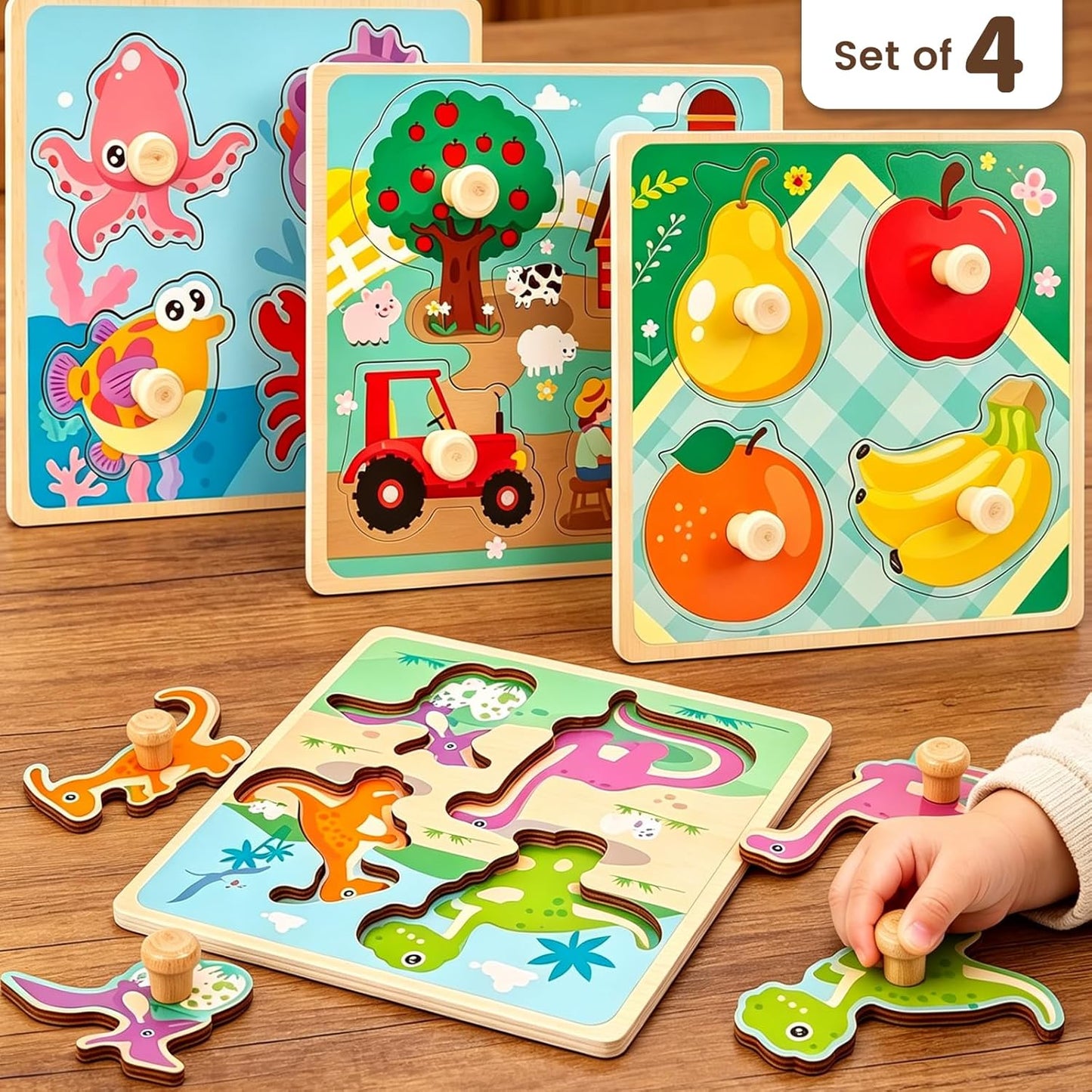 LovesTown Wooden Peg Puzzles Learning Toys Montessori Educational Knob Puzzle with Handles for Toddlers Preschool Kids 4 PCS