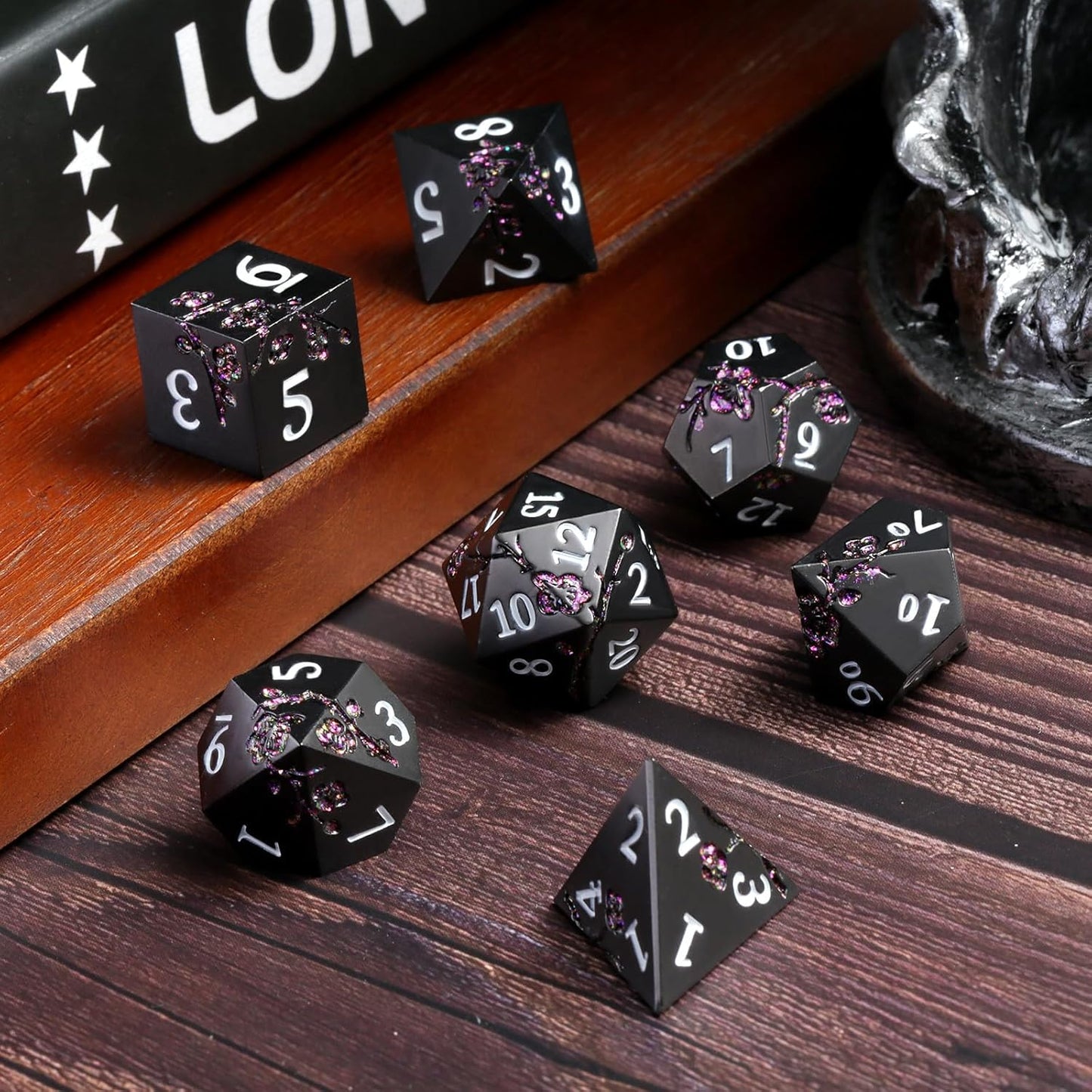 DnDnD Heavy Polyhedral Metal Dice Set with Metal Box, 7-die Shiny Blue Surface with Golden Number for RPG,Dungeons and Dragons,Pathfinder,Shadowrun,D&D,Role Palying Game and Math Teaching - Colors A
