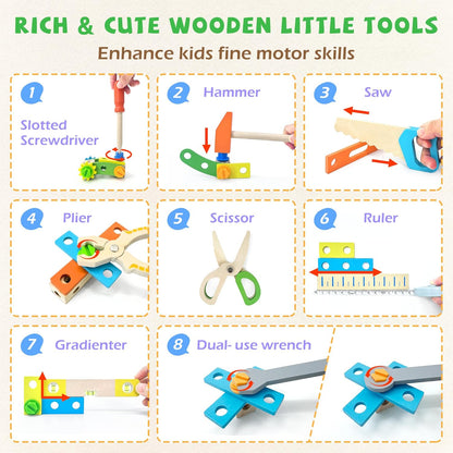 Kids Tool Set with Electric Drill, 55 Pcs Toddler Tool Set Incl Tool Box, Wooden Montessori Educational Construction Toy for Age 3+ Years Old Boys Girls Birthday Gift