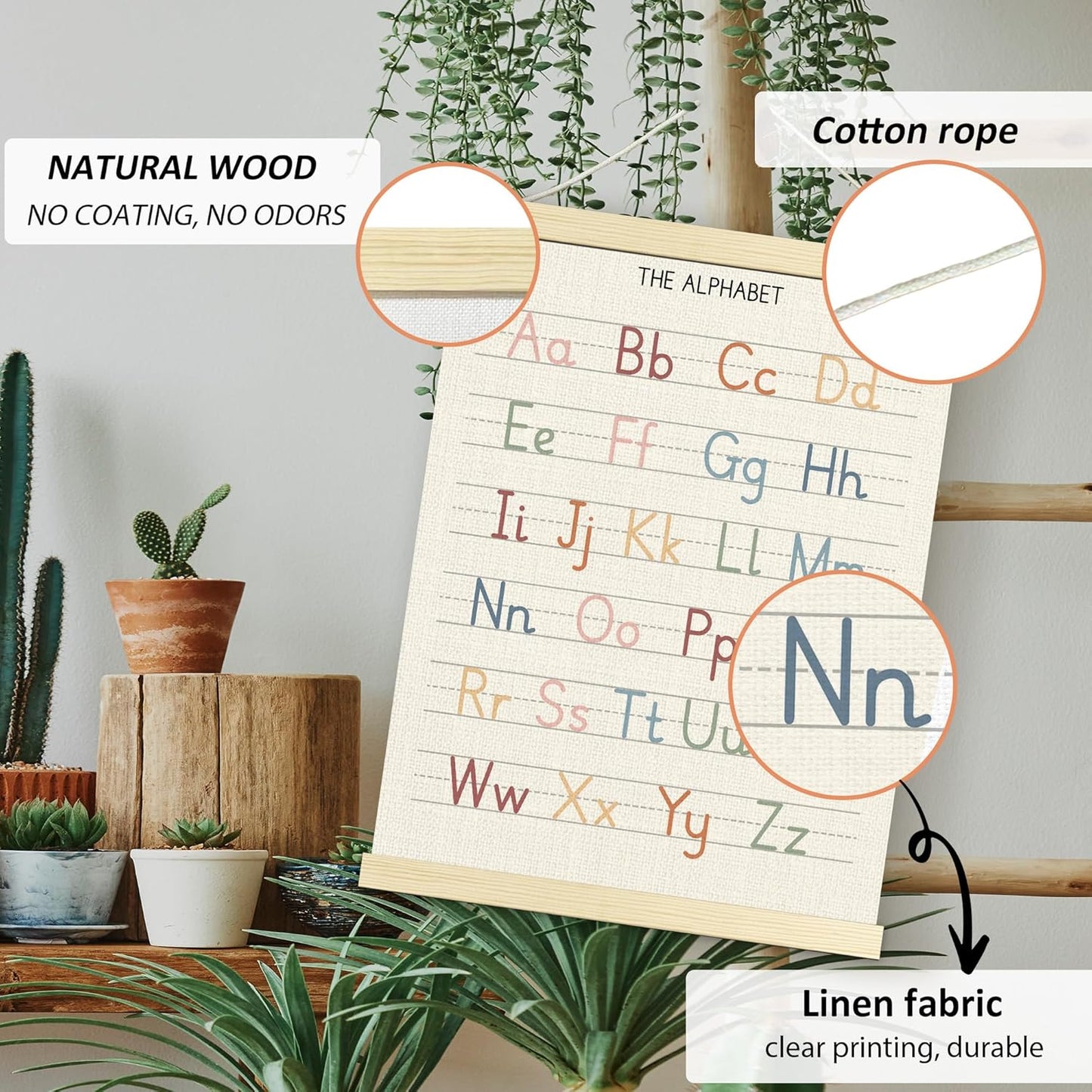 BONETAT Numbers alphabet poster for Nursery Toddlers, Play Room Wall Decor, ABC Wall Chart, Wall Hanging Decor for Toddler Playroom Decor Kids Wall Decor, Wooden Alphabet Banner-A02
