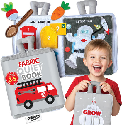 Curious Columbus Quiet Book Fabric Busy Book - Airplane Travel Toys for Kids - Montessori Toy Preschool Activity Books - Fun and Educational Fabric Book