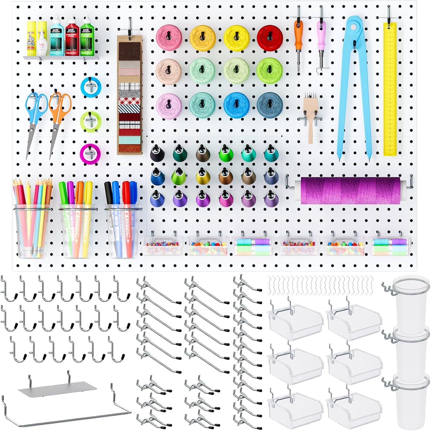 INCLY 70PCS Metal Peg Board Kit with 1/4" Pegboard Accessories, 4 Pack White Pegboard Panels, Bins, Cups and Peg Board Hooks, Paper Towel Holder, Pegboard Wall Organizer for Craft Room, Office, Sewing