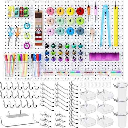 INCLY 70PCS Metal Peg Board Kit with 1/4" Pegboard Accessories, 4 Pack White Pegboard Panels, Bins, Cups and Peg Board Hooks, Paper Towel Holder, Pegboard Wall Organizer for Craft Room, Office, Sewing