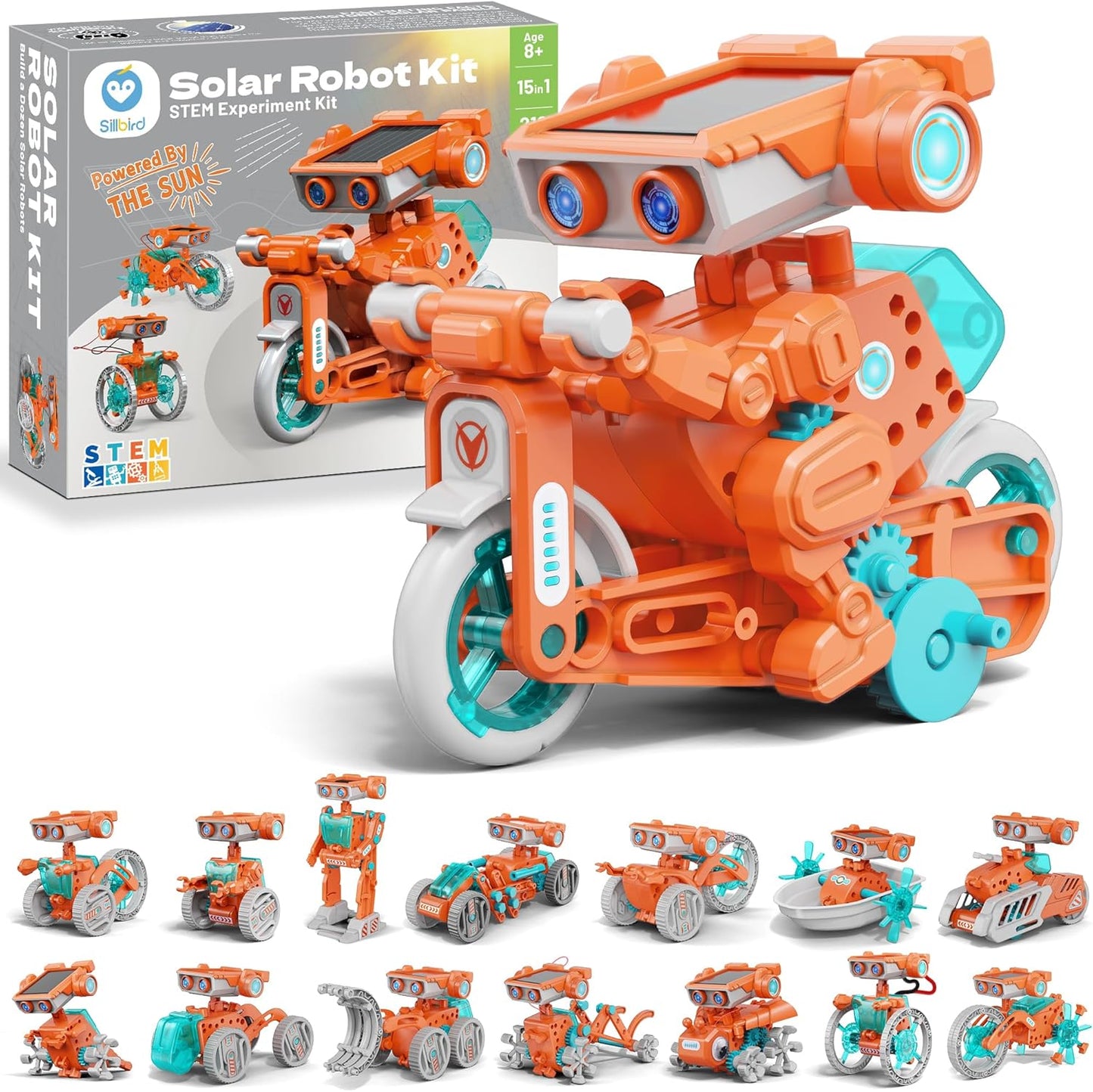 Sillbird Solar Robot Building Kit STEM Gift for Boys Aged 8-13, 15-in-1 DIY Science Educational Robotic Toy for Kids Teens Birthday, Powered by the Sun or Battery with 212 Pieces
