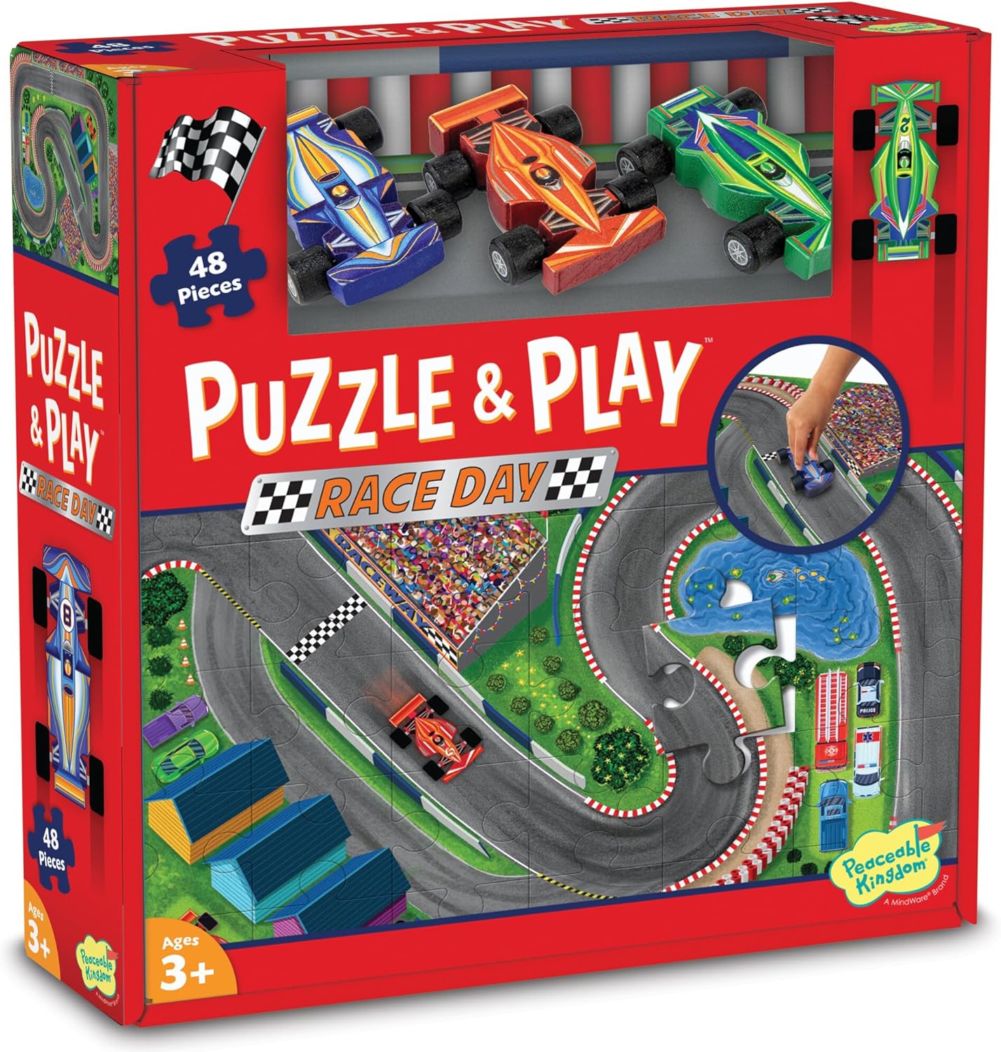 Peaceable Kingdom Puzzle & Play: Race Day - Floor Puzzle for Kids Ages 3 and Up - Includes 3 Wooden Vehicles to Zoom Around The Race Track Puzzle for a Double Dose of Fun - Measures 26” x 36”