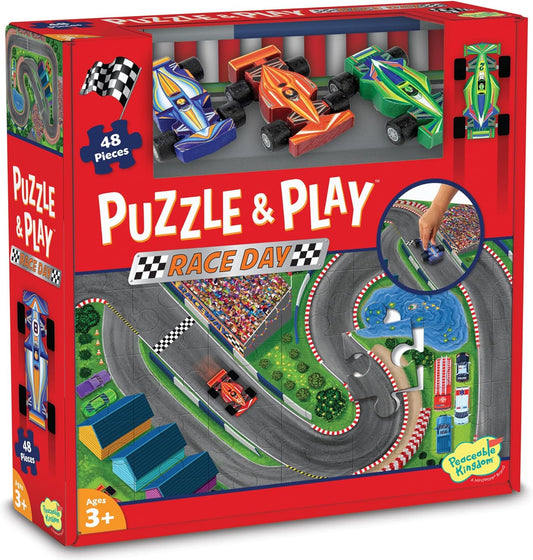 Peaceable Kingdom Puzzle & Play: Race Day - Floor Puzzle for Kids Ages 3 and Up - Includes 3 Wooden Vehicles to Zoom Around The Race Track Puzzle for a Double Dose of Fun - Measures 26” x 36”