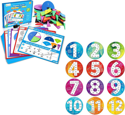 D-FantiX Magnetic Fraction Tiles & Fraction Circles Activity Set and 12 Pieces Math Multiple Posters from 1 to 12