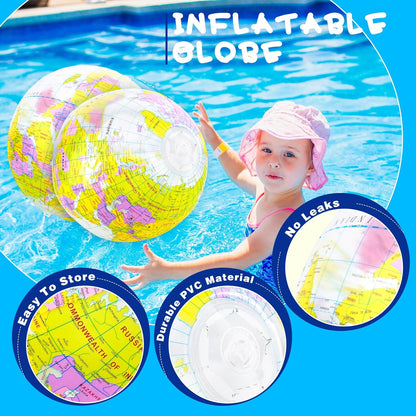 16 inches Inflatable Globe Blow up World Globe PVC Earth Beach Ball Globe Toys for Kids Swimming Pool Game Classroom Playing or Teaching Party Favors Decorations