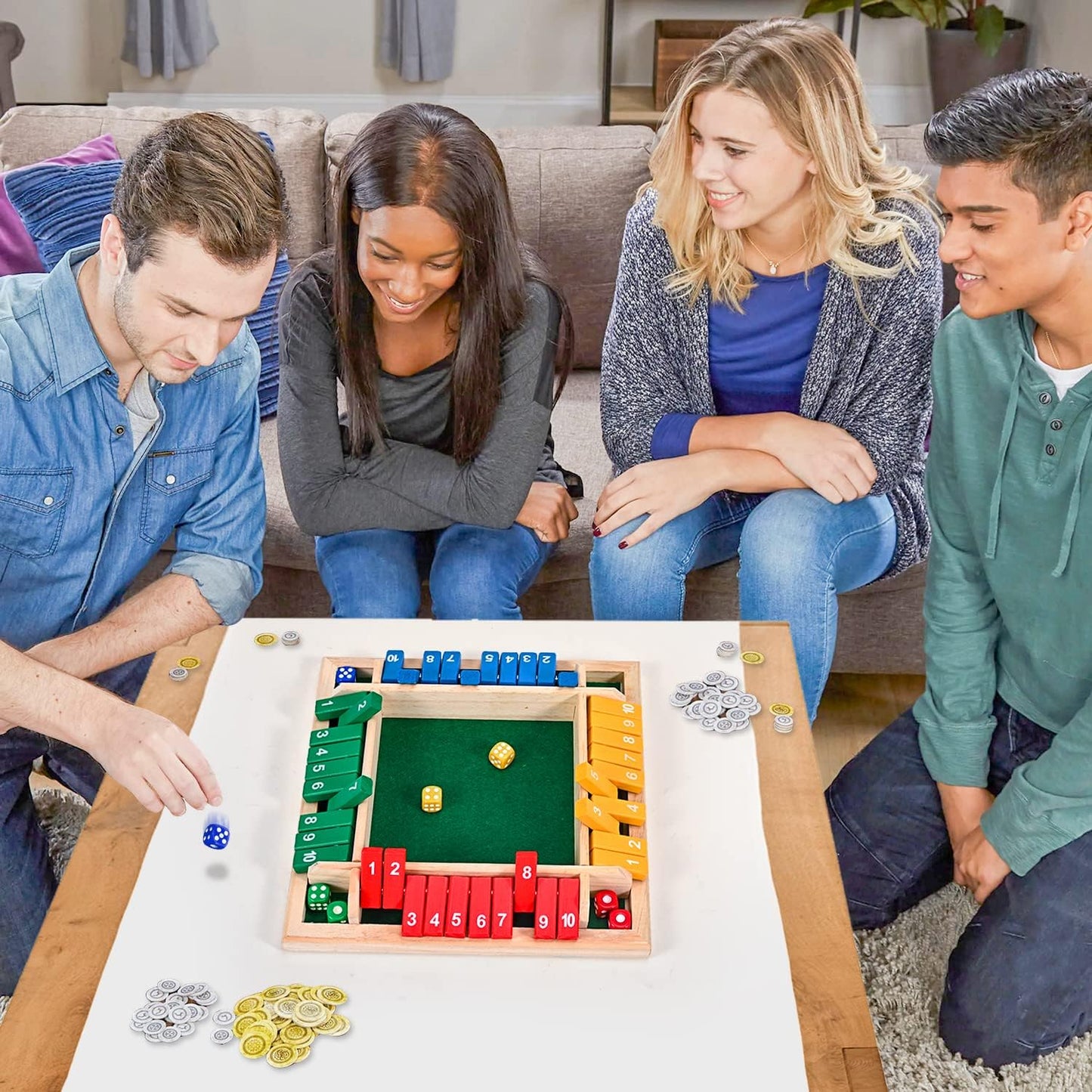 1-4 Players Shut The Box Dice Game, 10 Numbers Traditional Wooden Pub Bar Board Family Table Mat Game Dice for Adults