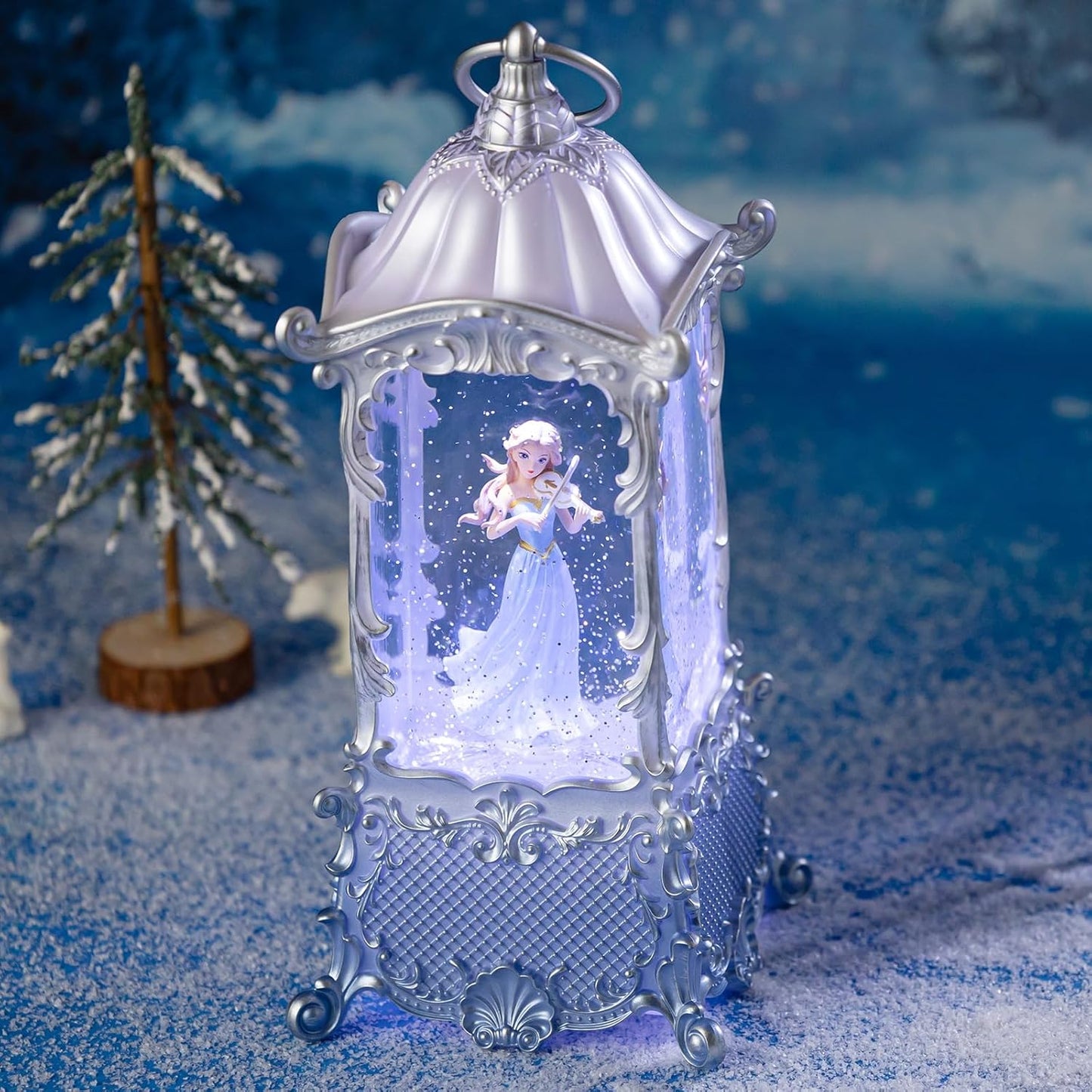 Snow Globe Lantern with Violin Girl – Shatterproof, Glitter Snowglobe 10 Songs Music Box, Led Light, USB or Battery Powered, for Girls Spring Day Gifts Birthday Home Decor Fall Decoration, Silver