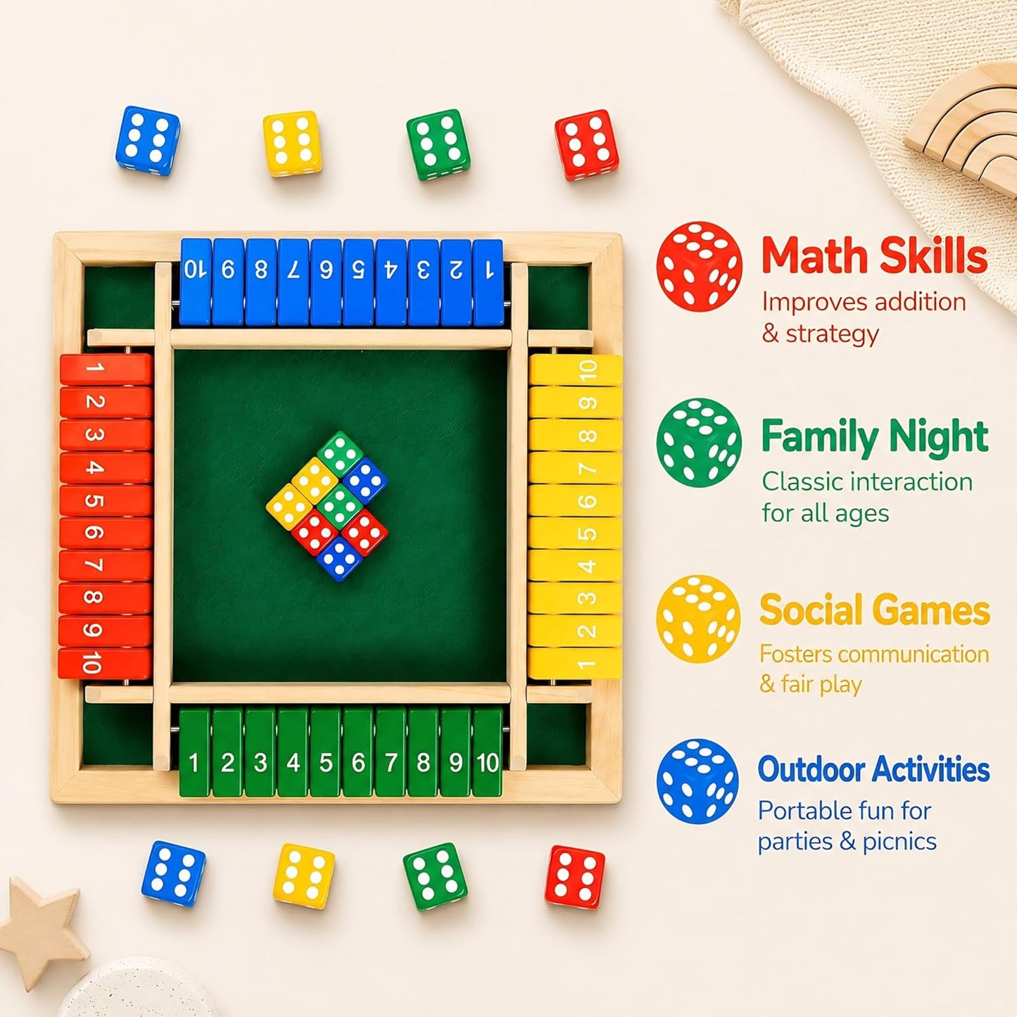 Shut The Box Game, Wooden Number Flip Board Dice Tabletop Toys for 2-4 Player, Math Educational Learning Tools for Kids Adults, Classic Pub Family Game Night Party Activity, Camping