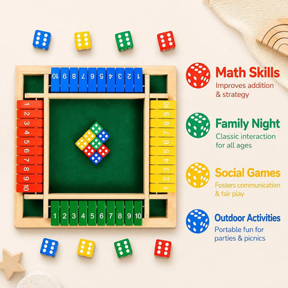 Shut The Box Game, Wooden Number Flip Board Dice Tabletop Toys for 2-4 Player, Math Educational Learning Tools for Kids Adults, Classic Pub Family Game Night Party Activity, Camping