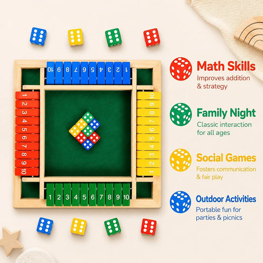 Shut The Box Game, Wooden Number Flip Board Dice Tabletop Toys for 2-4 Player, Math Educational Learning Tools for Kids Adults, Classic Pub Family Game Night Party Activity, Camping