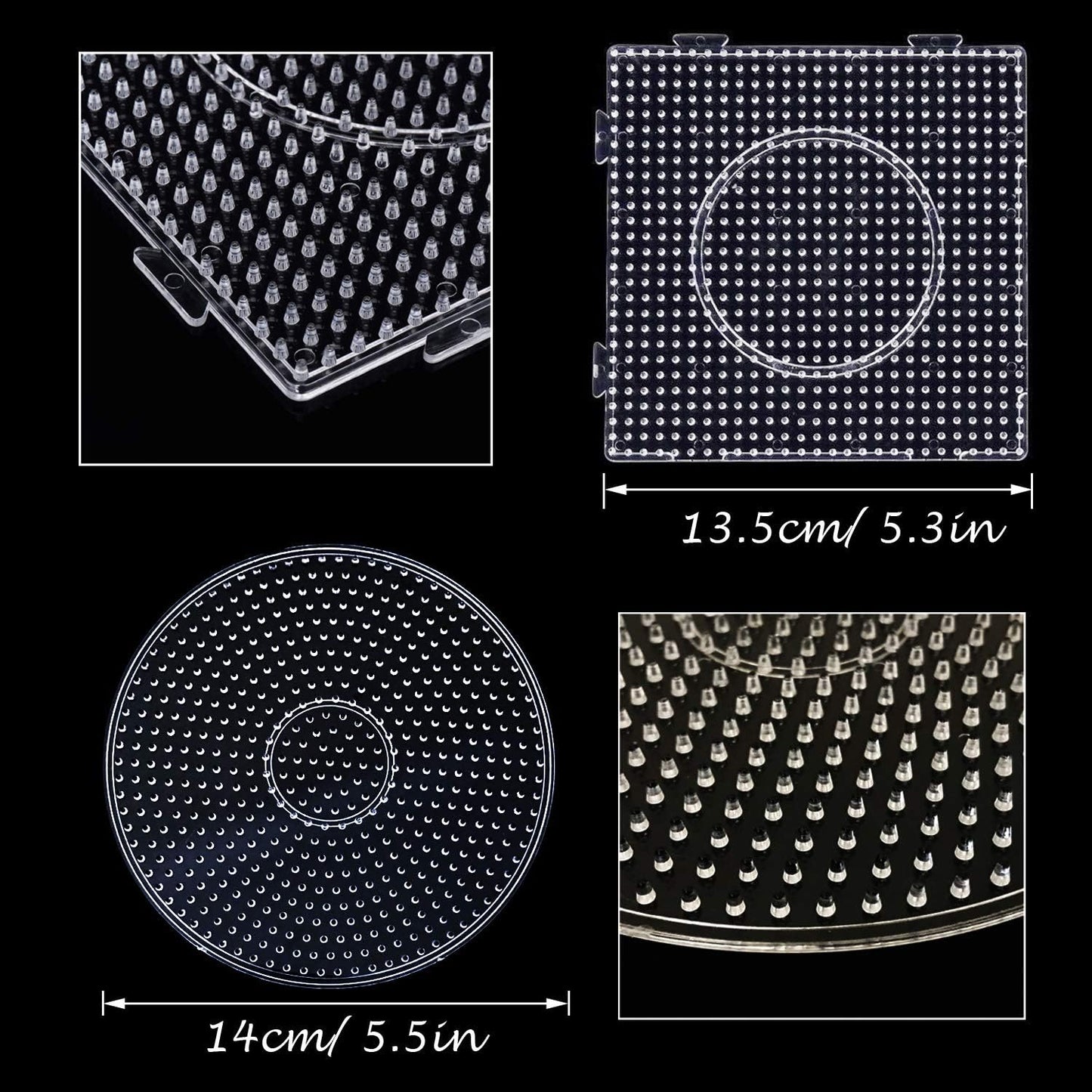 5 mm 6 Pack Fuse Beads Boards Allazone Large Round Square Clear Plastic Pegboards with 4 PCS White Beads Tweezers, 10 PCS Ironing Paper for Kids Craft Supplies