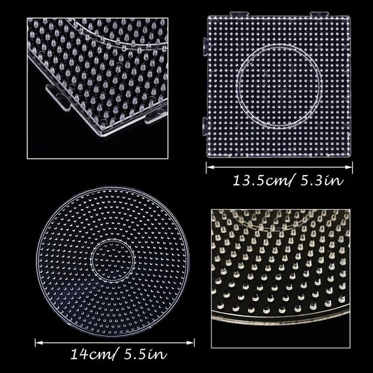 5 mm 6 Pack Fuse Beads Boards Allazone Large Round Square Clear Plastic Pegboards with 4 PCS White Beads Tweezers, 10 PCS Ironing Paper for Kids Craft Supplies