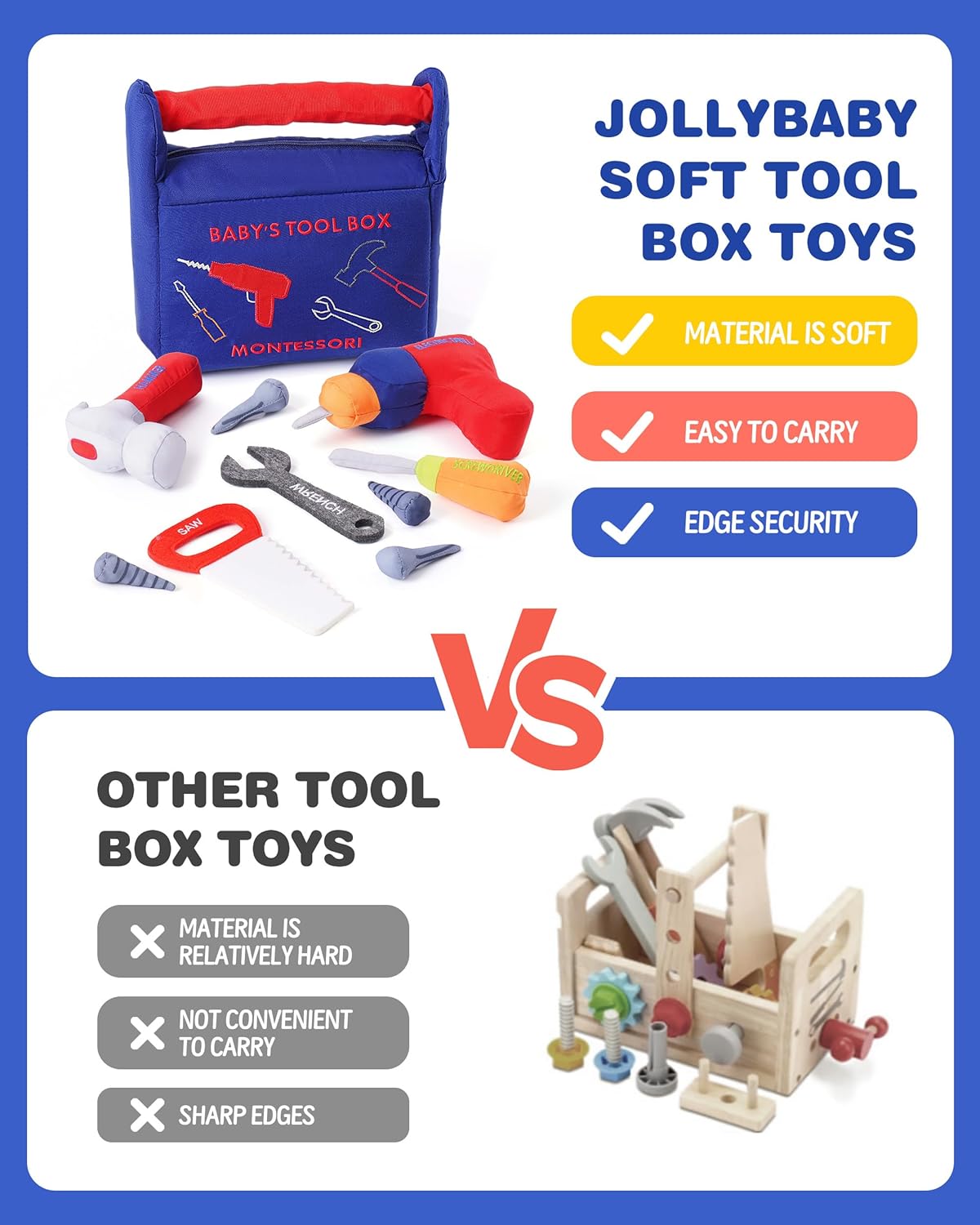 Jollybaby Soft Kid Tool Box Set Toy Inclub Drill Hammer Saw Wrench Screwdriver Screw for Baby, Montessori Preschool Educational Learning Construction Toys for Boy Birthday Gift - RED