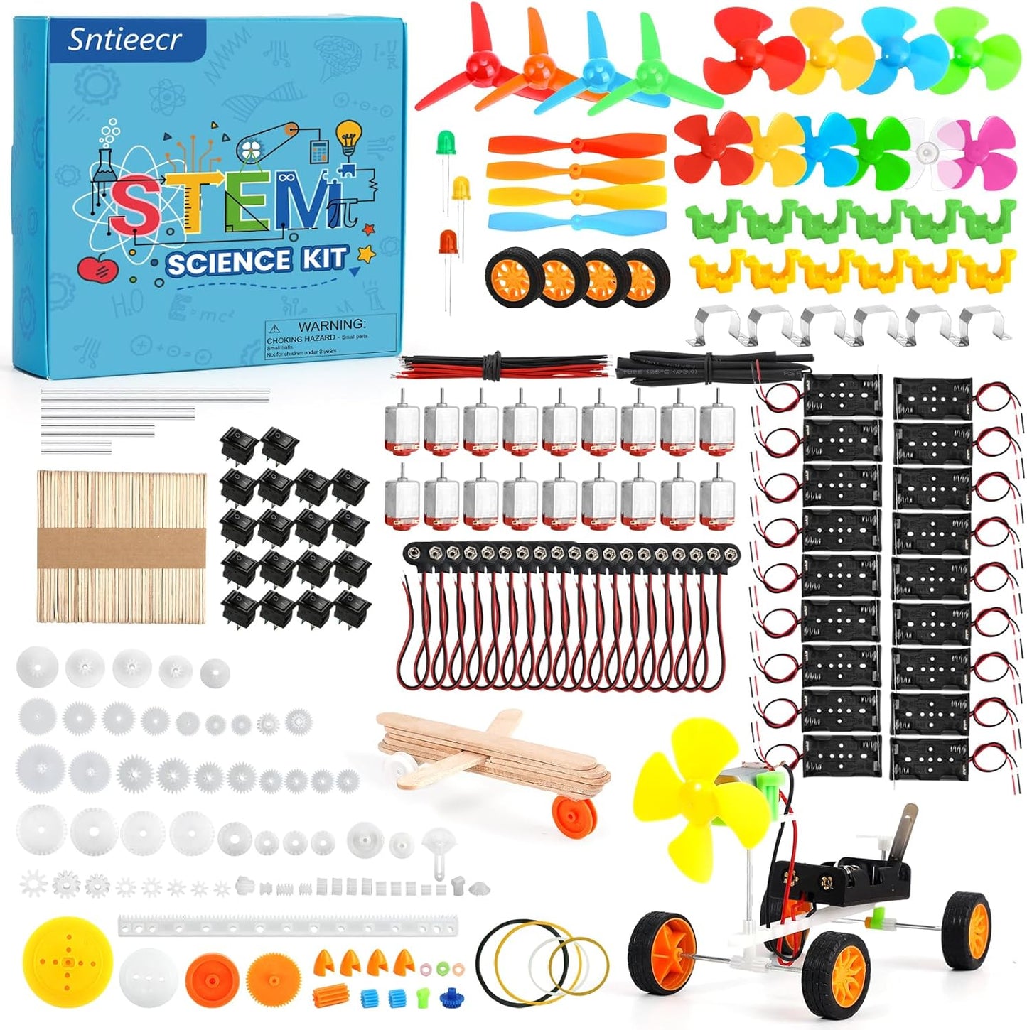 Sntieecr 6 Set 131 PCS DC Motors Kit, Mini Electric Motor 1.5-3V 15000RPM with 66 PCS Plastic Gears, Shaft Propeller, Bulbs, Buzzer Sounder, Science Experiment Set for Kid DIY STEM Engineering Project