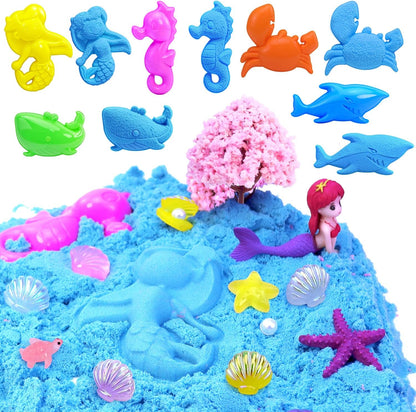Mermaid Sensory Bin,Play Sand Art Sand Play Set Fine Motor Skills Montessori Sand Toys with 2.2 lbs Sand & Castle Molds & Sand Shovel Tools,Ocean Theme Educational Toys for Aged 3-8 Girls