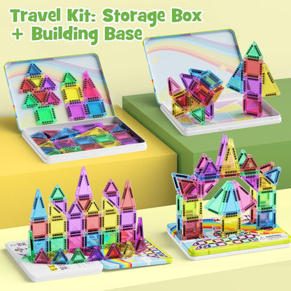 Magnetic Tiles Travel Toys with Storage Case, Portable STEM Building Blocks for 3-8 Year Olds, Toddler Airplane Activities & On-The-Go Birthday Gift for Boys & Girls