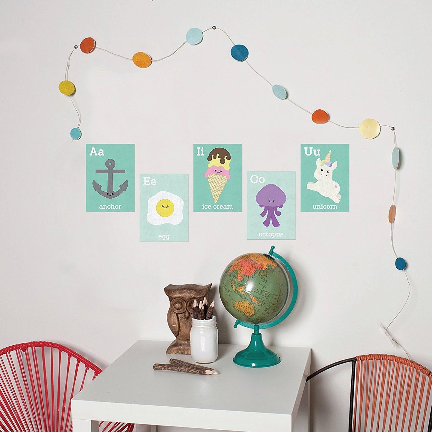Children Inspire Design Baby Room Decor 16x20 Inch Print, Display Kids Artwork, Cute Room Decor, Vowels Wall Cards, Educational Flash Cards, Mint Green Decor Nursery