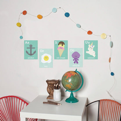 Children Inspire Design Baby Room Decor 16x20 Inch Print, Display Kids Artwork, Cute Room Decor, Vowels Wall Cards, Educational Flash Cards, Mint Green Decor Nursery