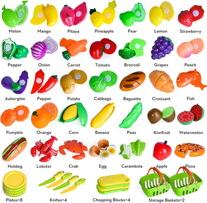 100 PCS Cutting Play Food Toy for Kids Kitchen, Pretend Food Toys for Toddlers, Play Kitchen Toys Accessories with 2 Baskets, Fake Food/Fruit/Vegetable, Birthday Gifts for 3 4 5 Years Old Boys Girls