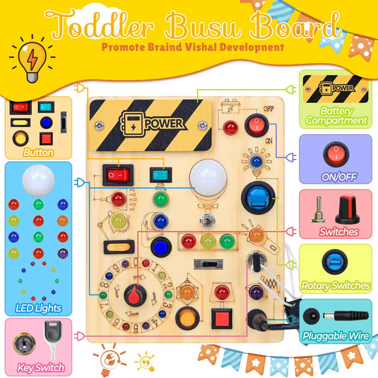 RichBoy Montessori Toy Busy Board with 40 LED Lights, 59-in-1 Sensory Toys for Toddlers, Travel Educational Activity for Airplane, Ideal Christmas Birthday Gift for Boys & Girls (7.8" x 6.5")