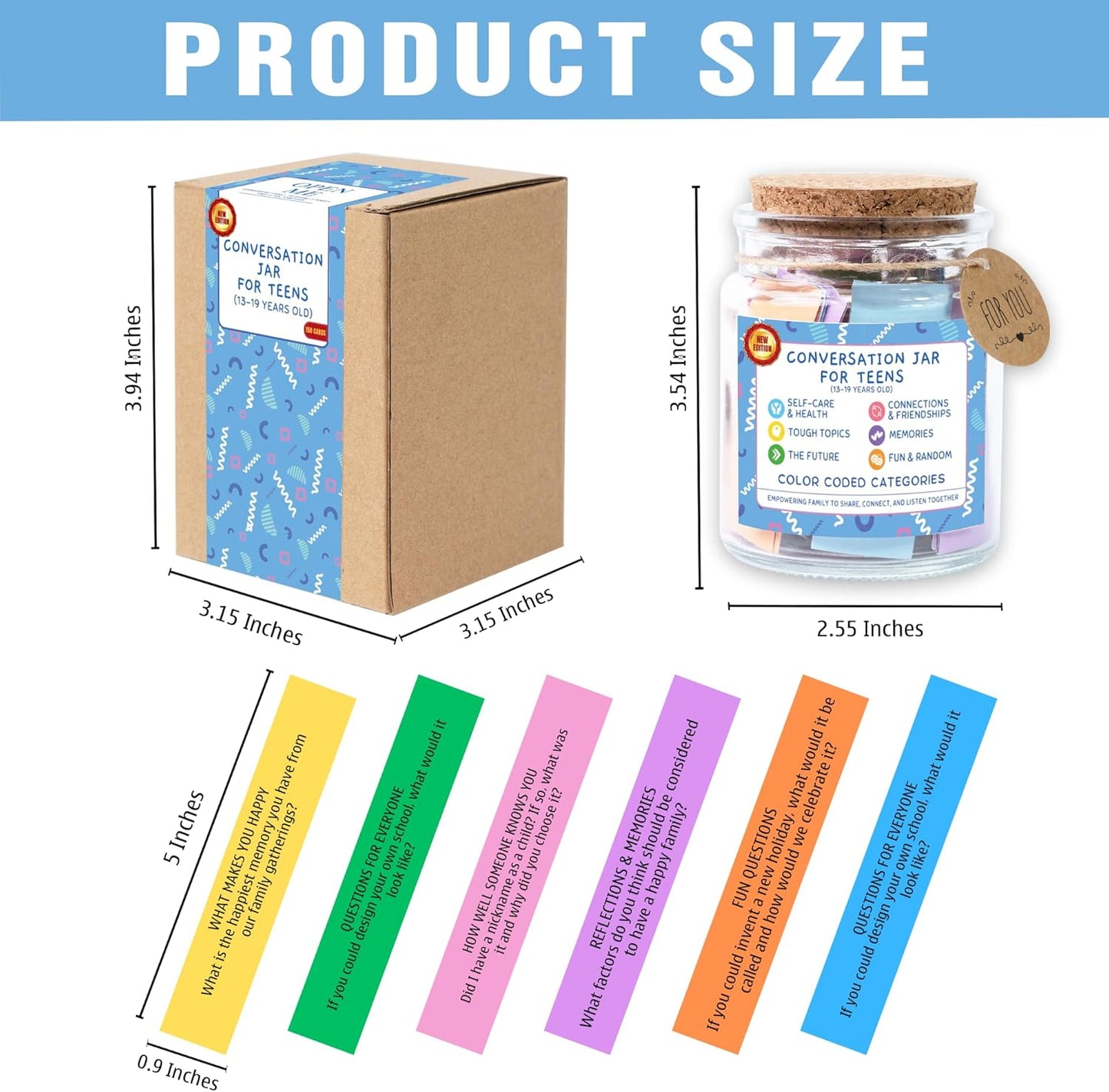 Conversation Cards for Kids In Jar, 150 Cards, Connect, Build Social Emotional Learning Skills, Mental Health Decor for School, Counseling Decor, Back to School Supplies