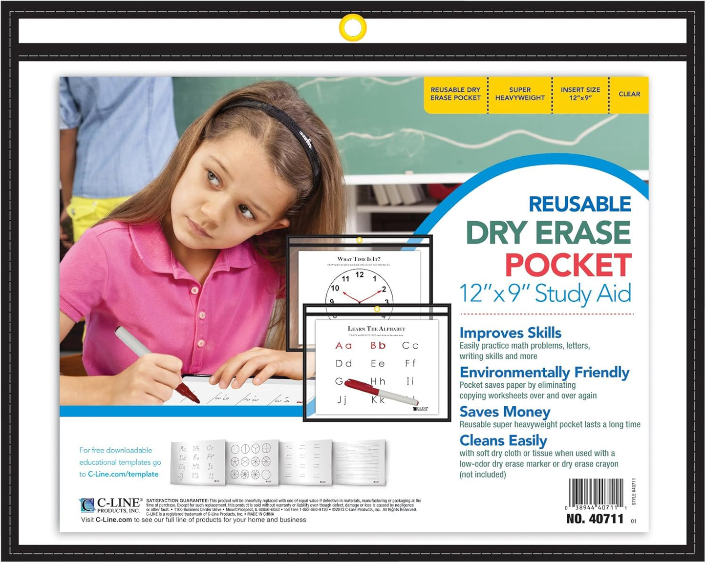 C-Line Reusable Dry Erase Pockets, 9 x 12 Inches, Assorted Neon Colors, 25 Pockets per Pack (40820)